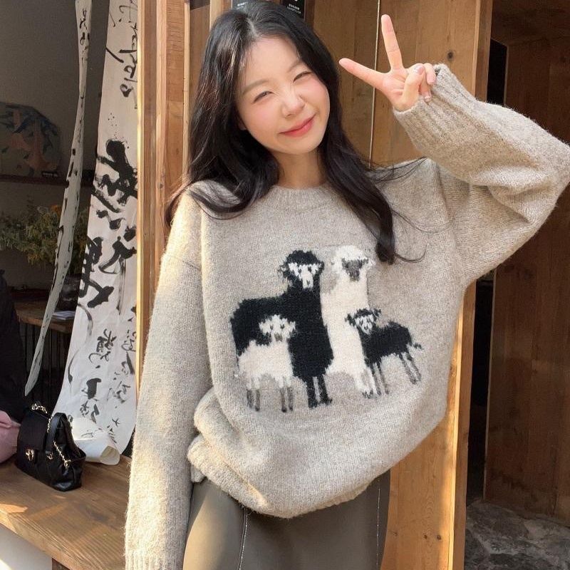 Lazy style jacquard sweater jacket women's autumn and winter  new round neck long-sleeved loose age-reducing sweater top