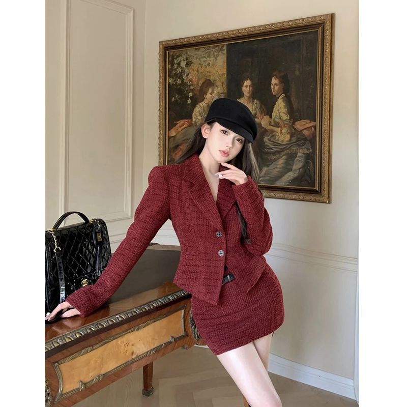 辣妹紅色收腰短款西裝外套氣質高級感套裝女高腰包臀半身裙兩件套