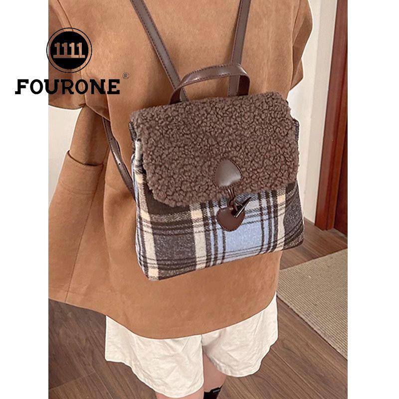 Plush bag women's new trendy college style woolen plaid backpack large capacity handbag