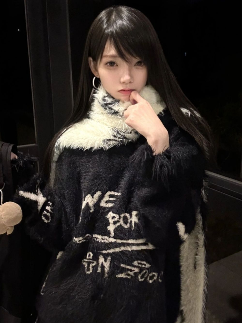 美式復古辣妹破壞感字母仿貂毛毛衣女新款秋冬寬鬆外穿慵懶風上衣