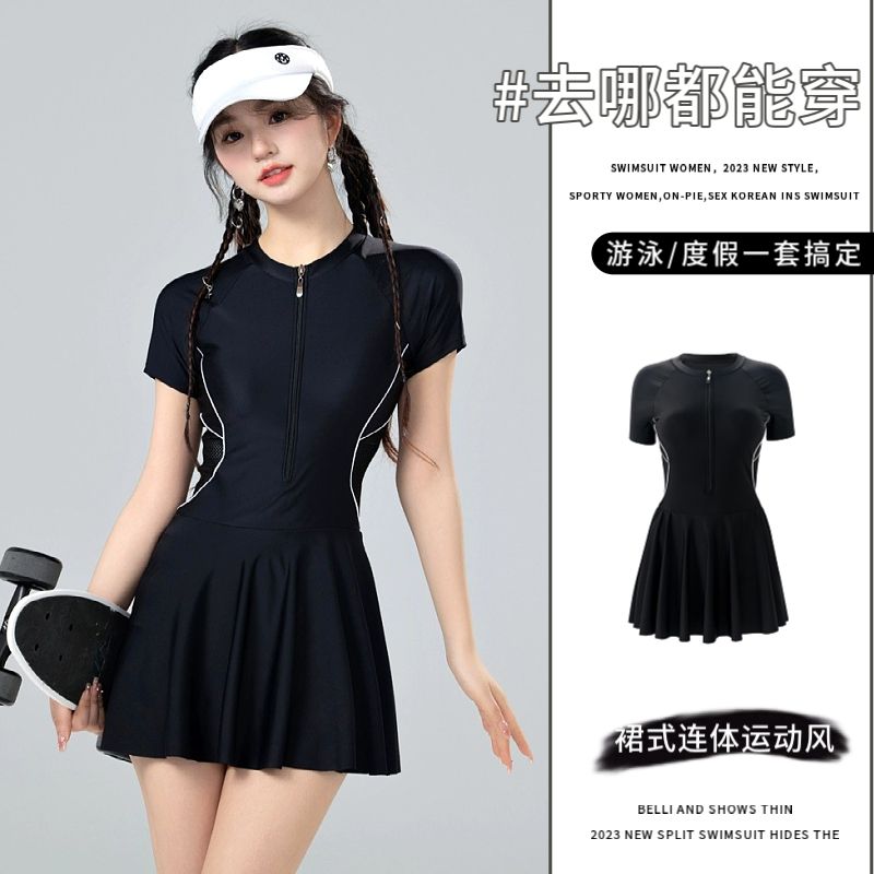 One-piece swimsuit for women 2023 new popular skirt-style belly-covering slimming flat-angle anti-exposure sports style hot spring swimsuit