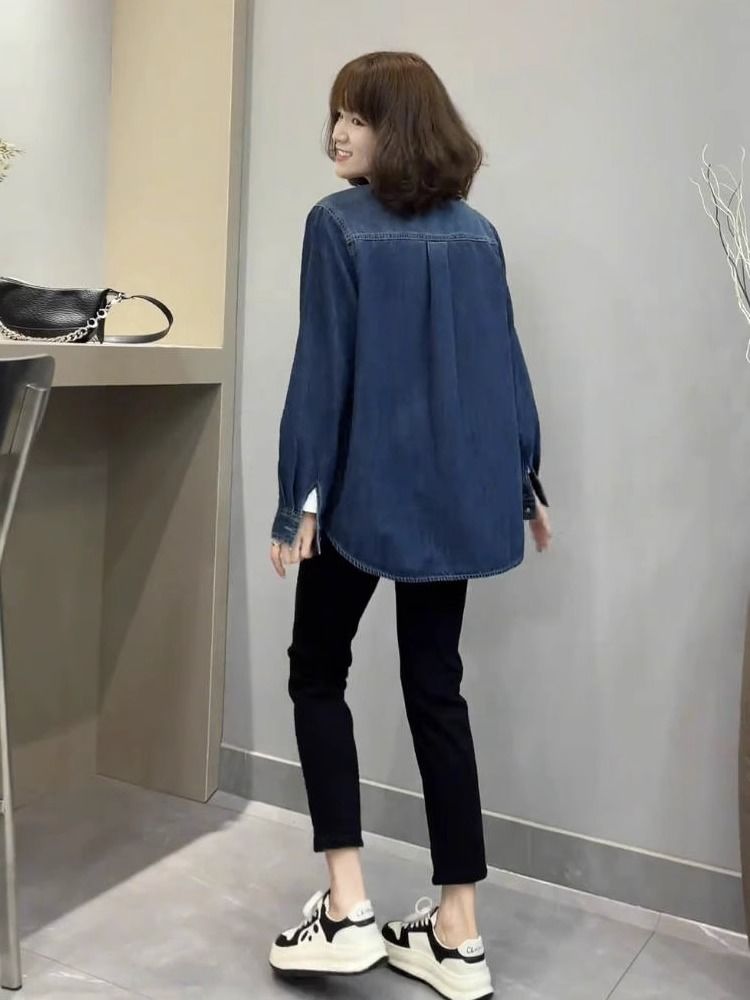 Velvet denim shirt women's autumn and winter 2023 new loose design layered top casual thickened shirt jacket
