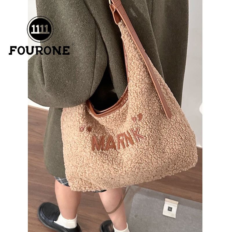 Plush bag for women, new trendy college style letter tote bag, versatile large capacity lamb wool bag
