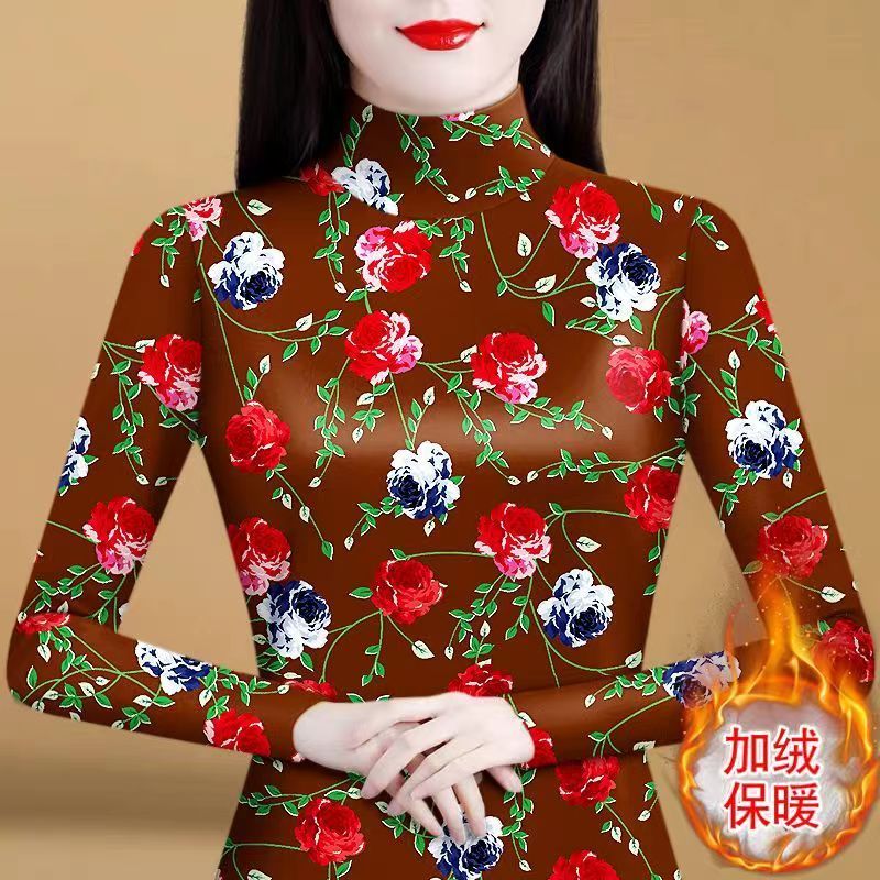 半高領加絨打底衫女秋冬新款洋氣印花保暖中老年修身內搭小衫上衣