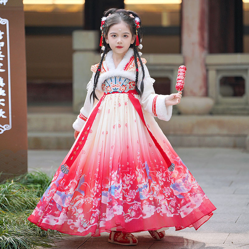 女童冬季漢服冬裝古裝拜年服兒童裝唐裝新年裝過年衣服兔年冬款黃
