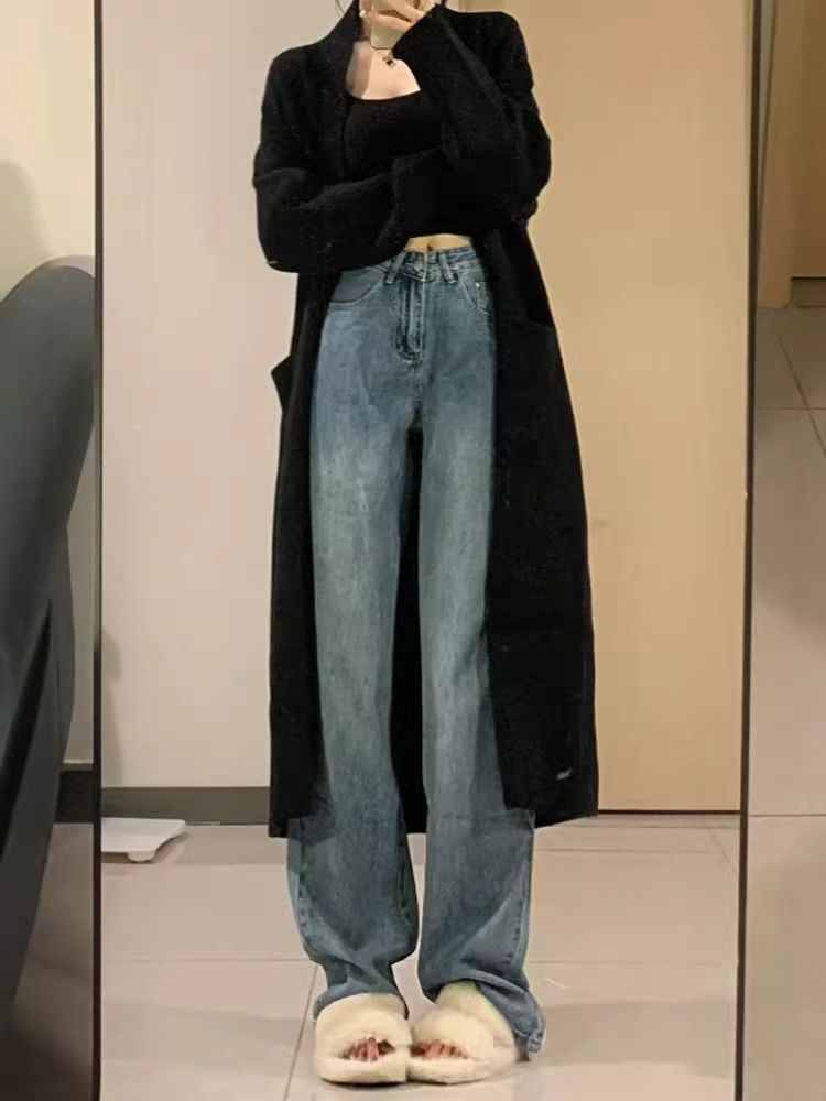 美式復古直筒牛仔褲女冬季新款高腰寬鬆顯瘦百搭休閒闊腿拖地褲子