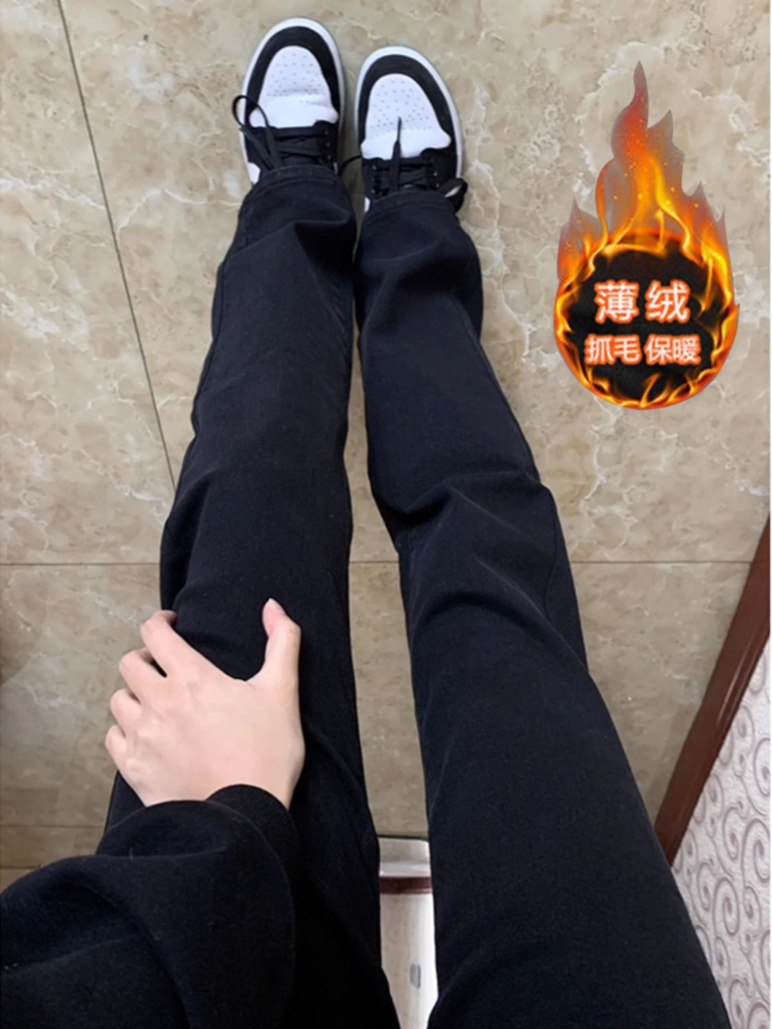美式高街窄版直筒牛仔褲女2023秋冬加厚絨黑色堆堆褲顯瘦煙管褲子
