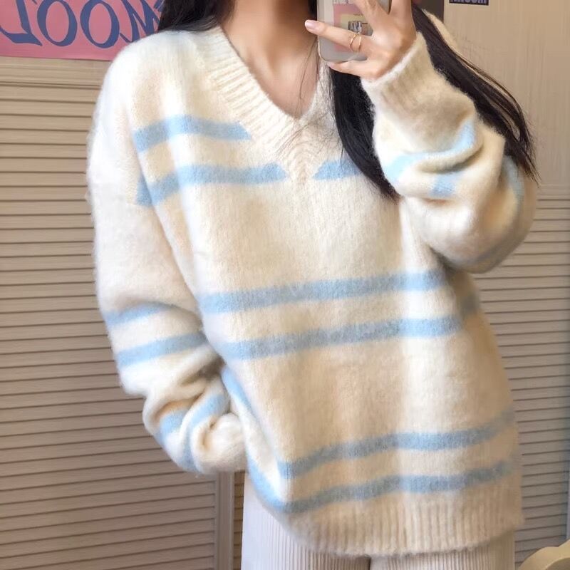 秋冬新款溫柔甜美設計毛衣條紋感小眾學生寬鬆針織衫慵懶上衣外套