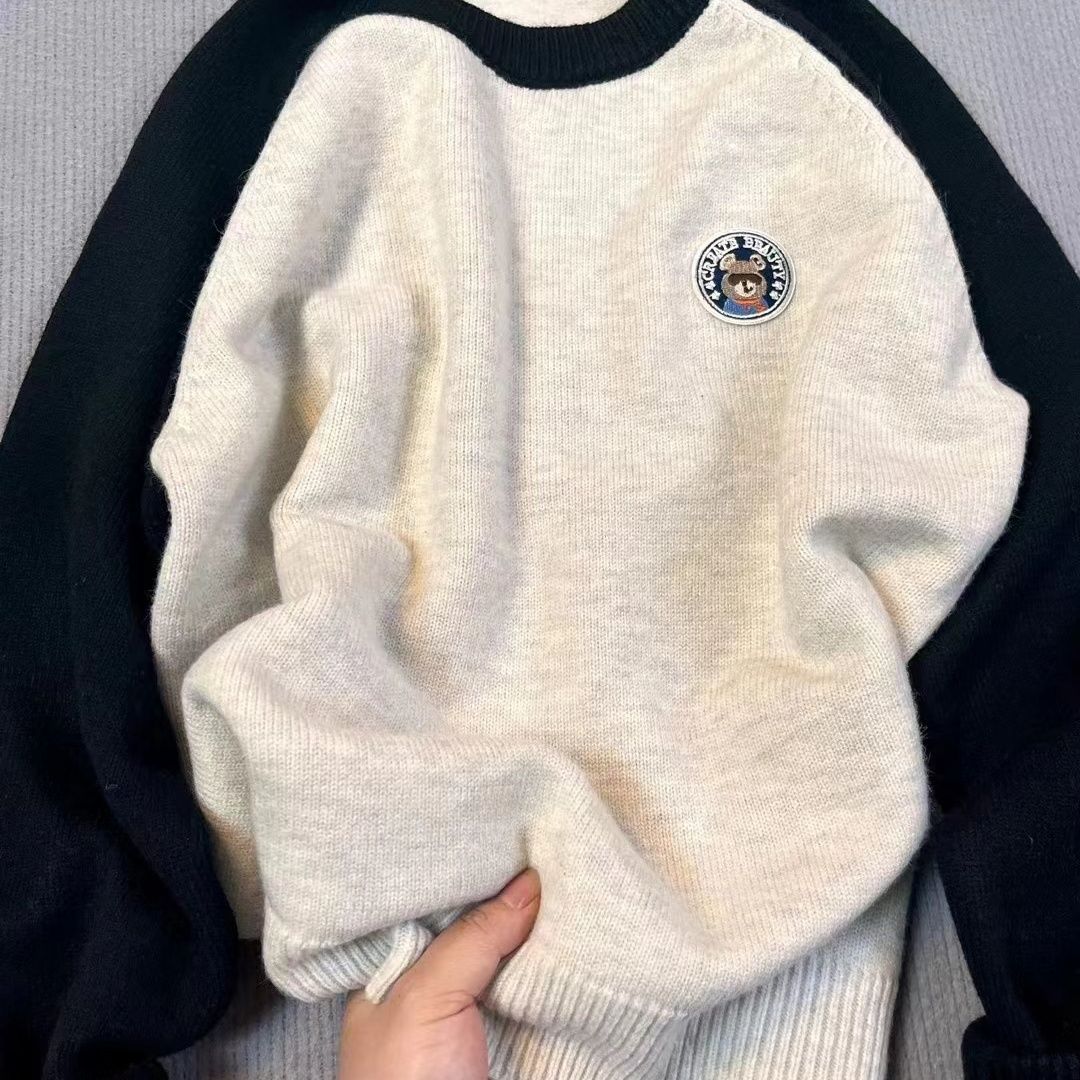 撞色軟糯套頭毛衣女秋冬慵懶寬鬆韓系chic別致內搭打底針織衫上衣