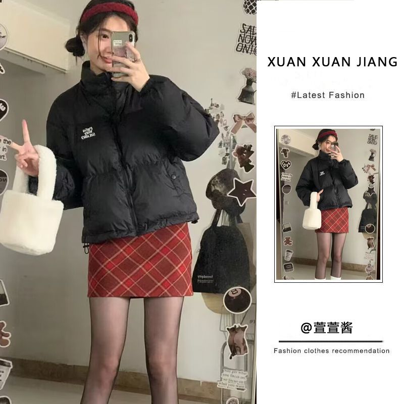 套裝女2023冬季新款學院風韓系小個子棉衣外套高腰顯瘦格子半身裙
