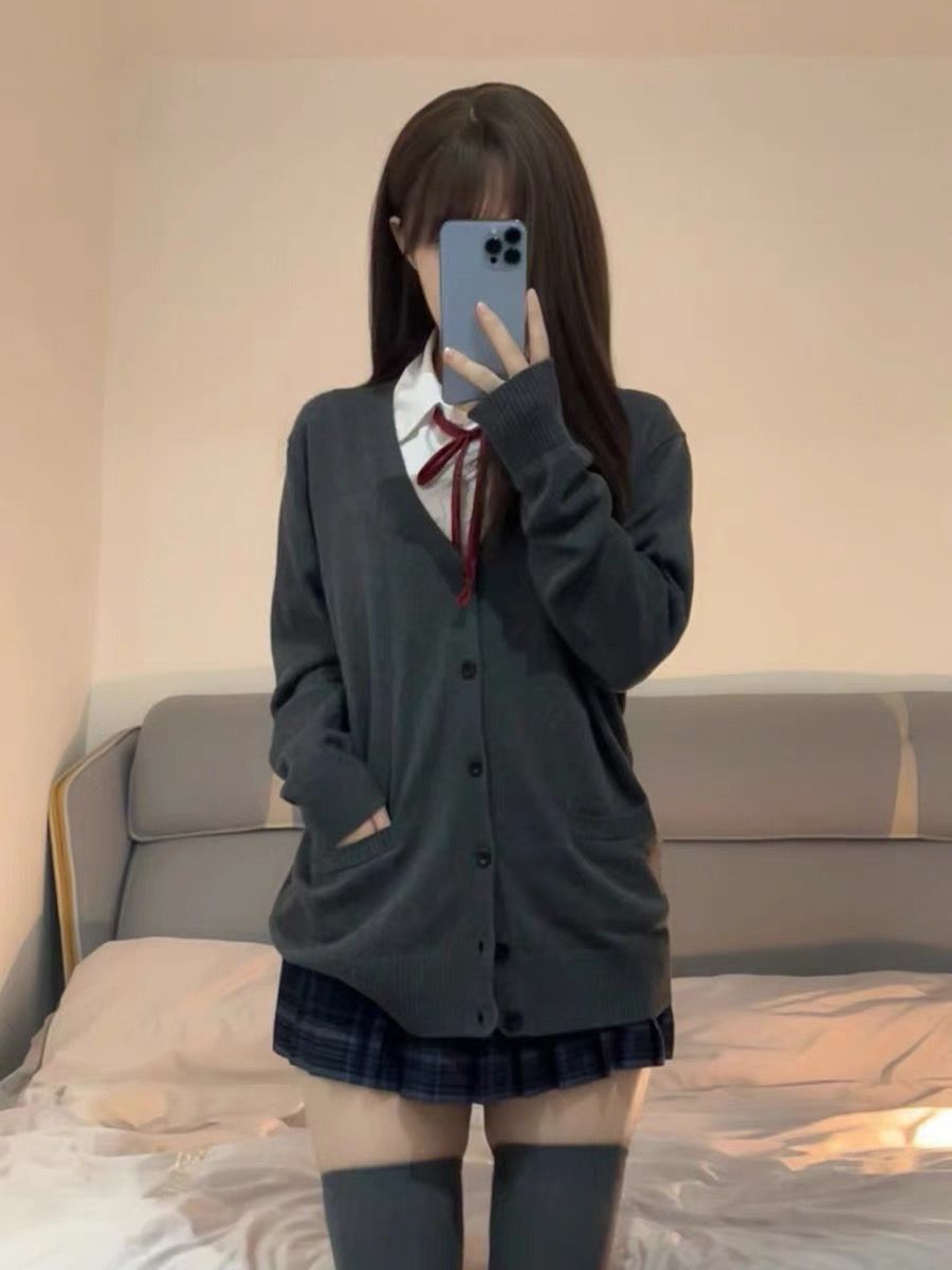 JK uniform early autumn new college style loose solid color v-neck sweater knitted cardigan thin long-sleeved coat for women