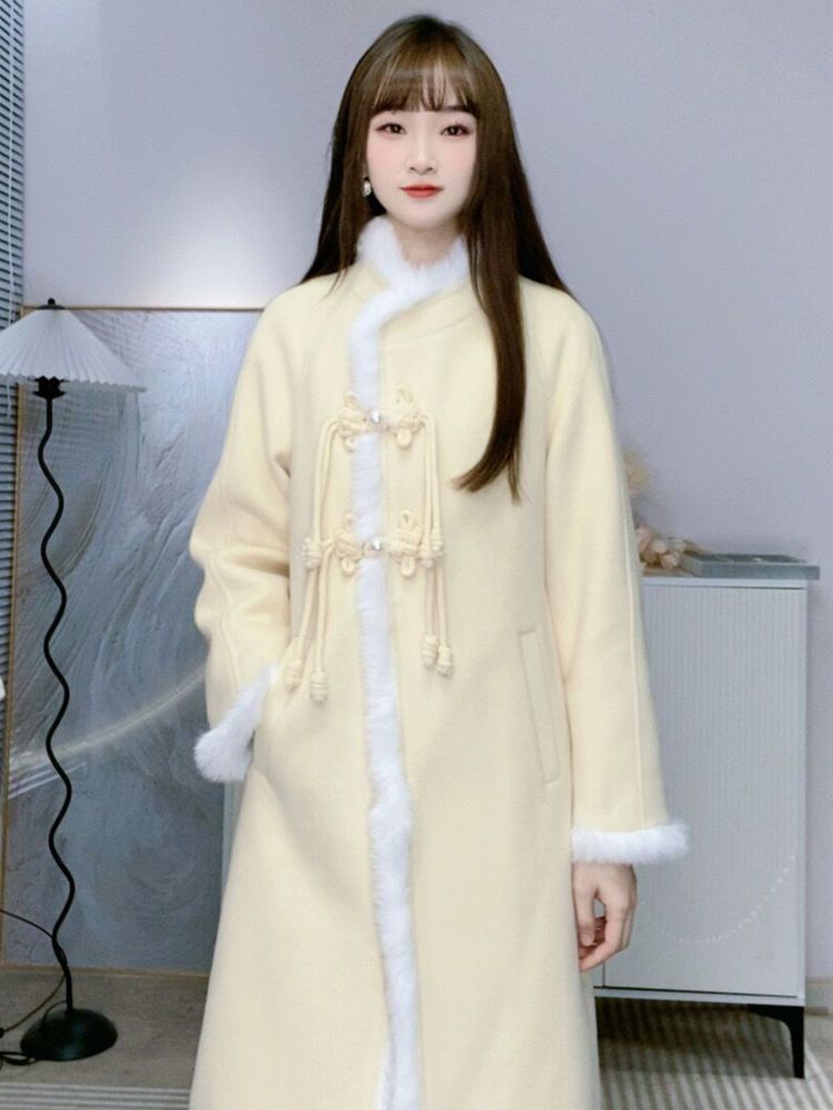 外套女2023新款秋冬新中式黃色高級感拼接小個子中長款毛呢大衣女