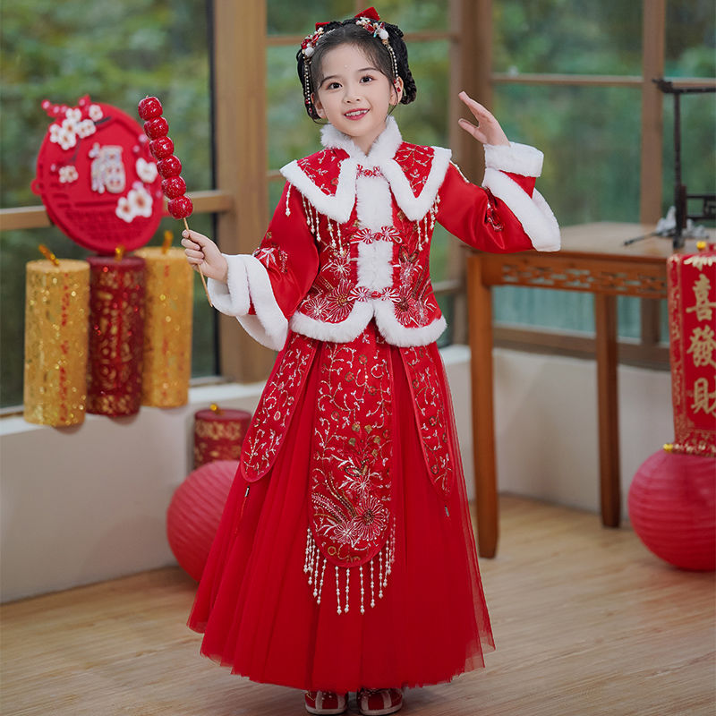 新款拜年服汉服女童冬装儿童古装古风中国风唐装女宝冬季加厚