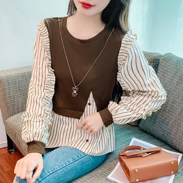春秋款時尚木耳花邊袖遮肚子修身顯瘦拼接假兩件洋氣減齡百搭上衣
