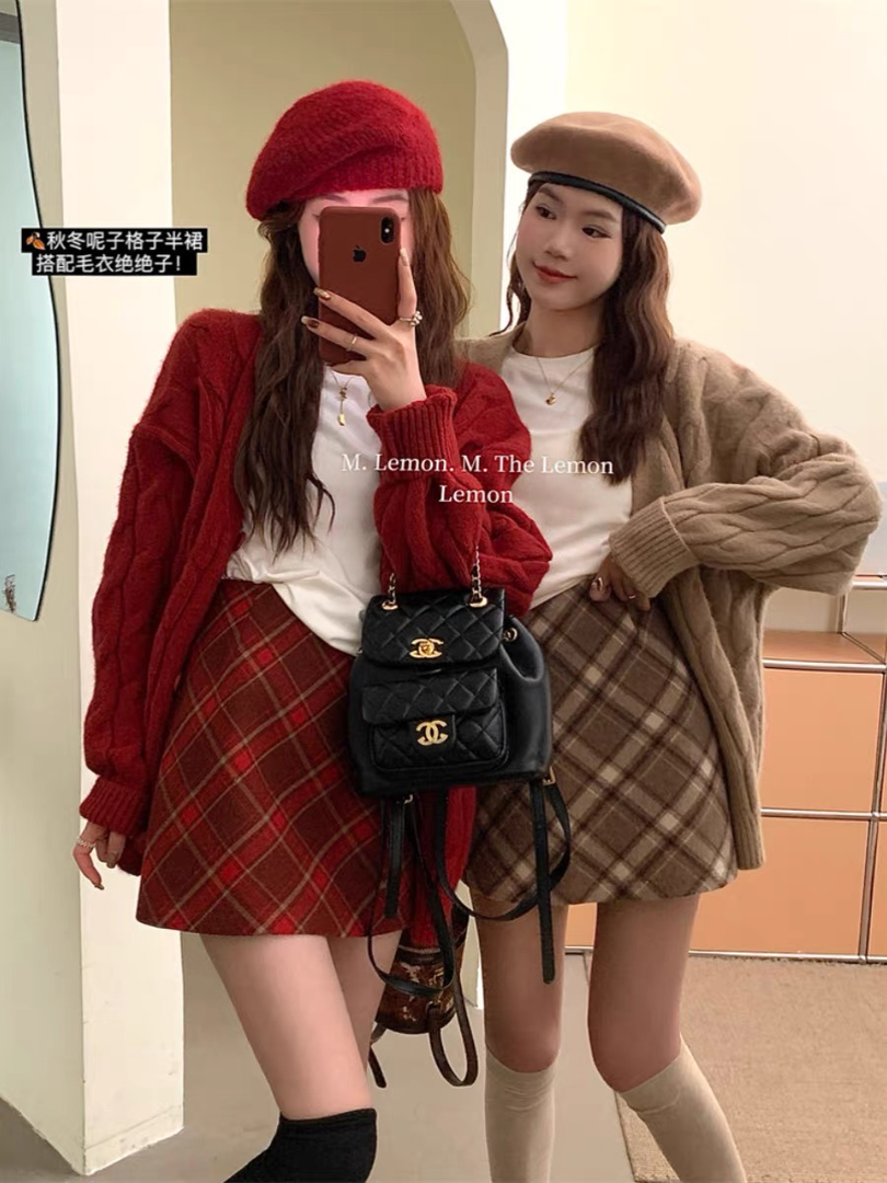 毛呢復古格子休閒半身裙女秋冬新款時尚氣質a字裙小個子百搭短裙
