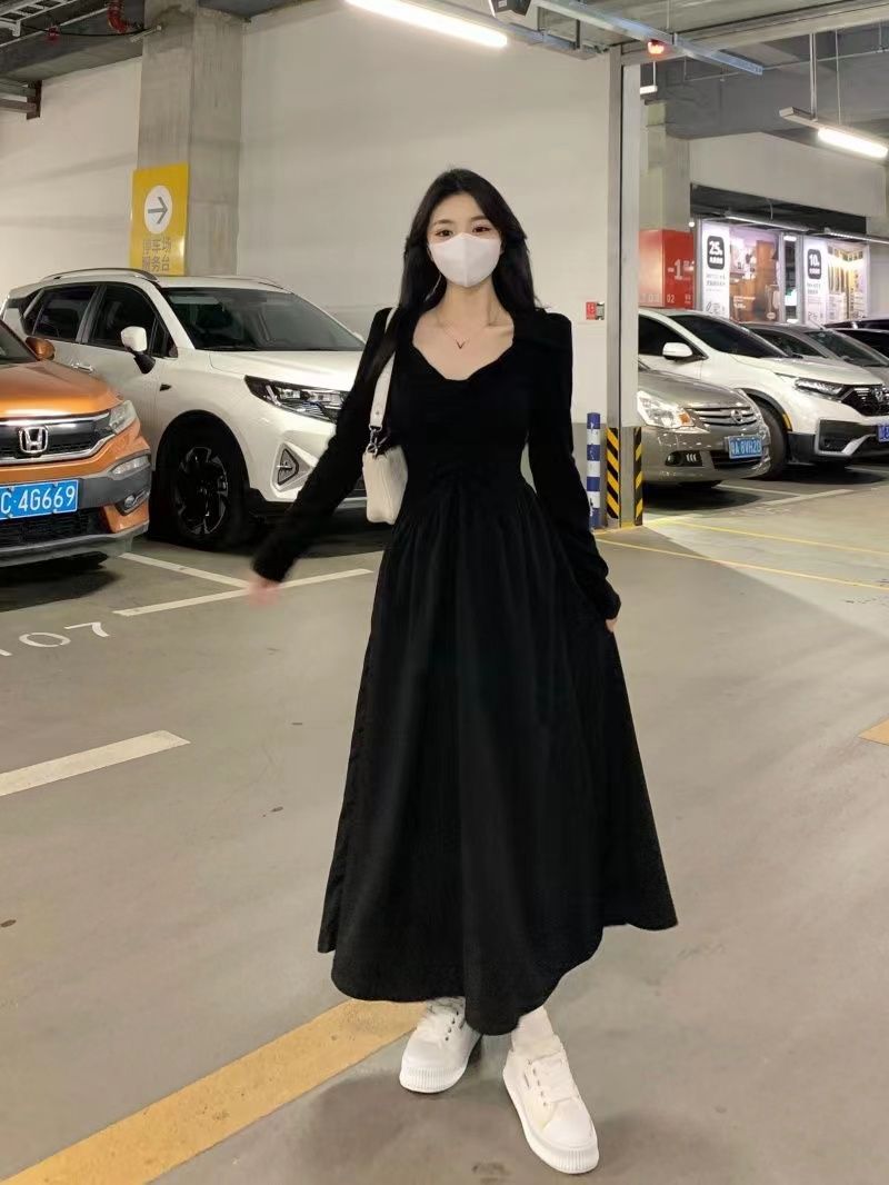 大碼女裝胖mm高級感韓系小黑裙減齡小個子連衣裙秋冬裝新款