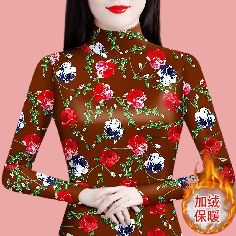 半高領加絨打底衫女裝秋冬季新款洋氣印花中老年修身內搭小衫上衣