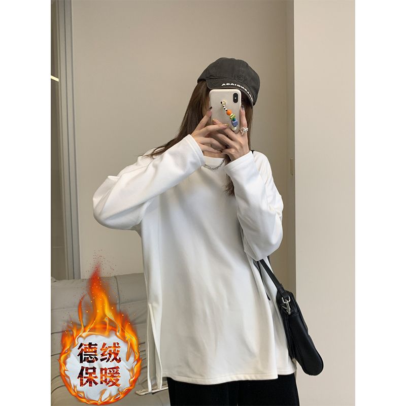 保暖加厚雙面德絨圓領白色打底衫女加絨秋冬磨毛內搭寬鬆中長T恤