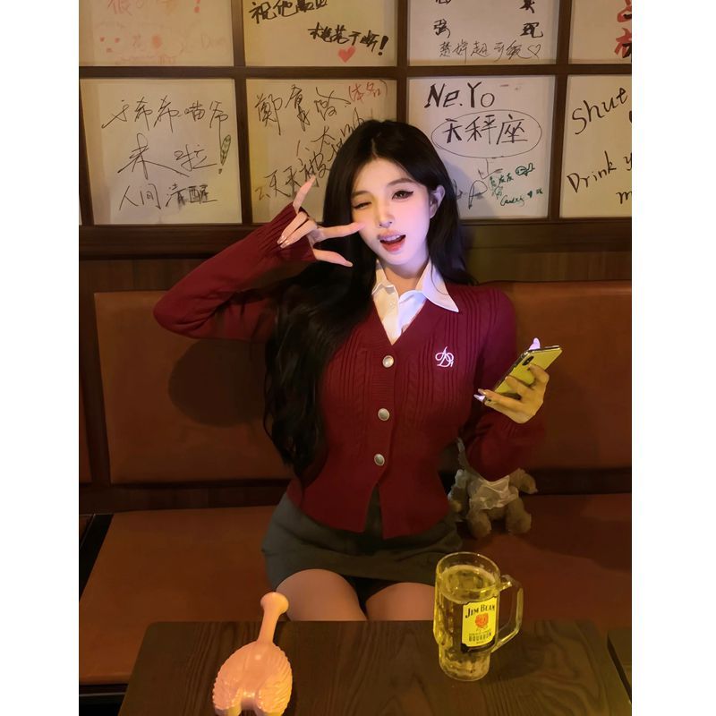 韓系設計學院風V領修身毛衣開衫搭配襯衫高腰顯瘦半身裙三件套女