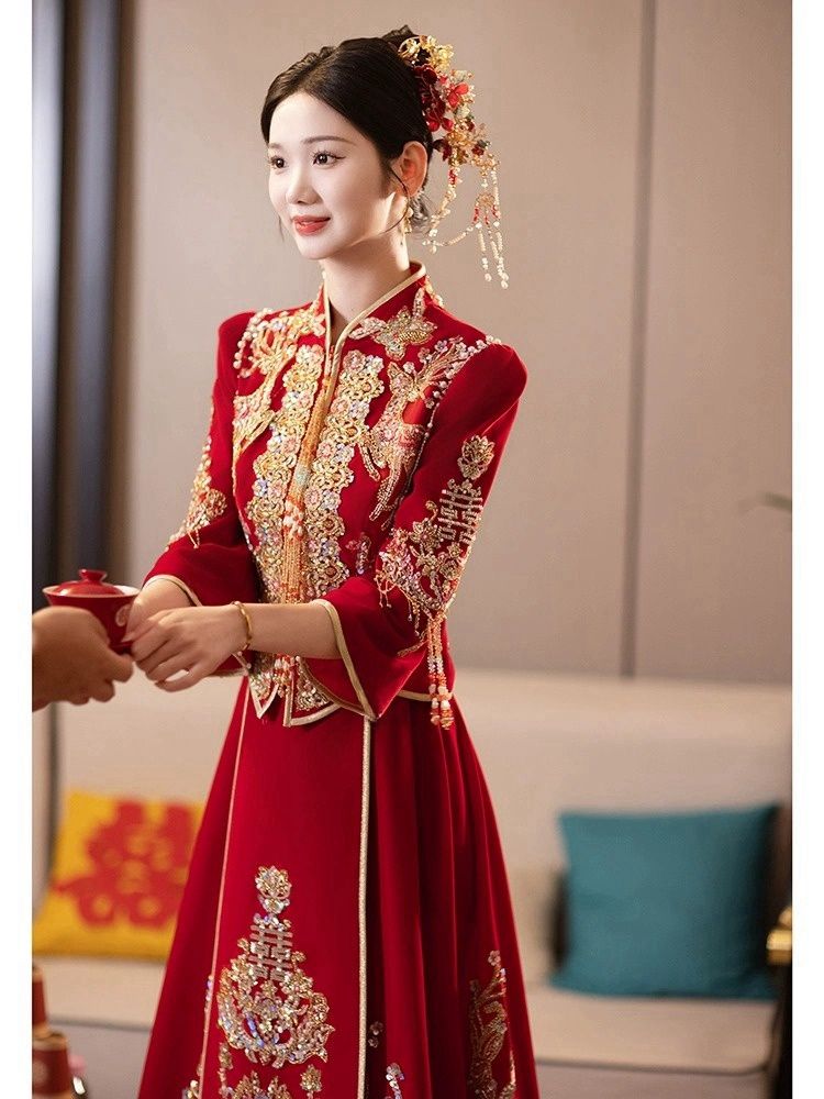 絲絨秀禾服新娘2023新款高端中式婚服龍鳳褂嫁衣鳳冠霞帔冬季厚款