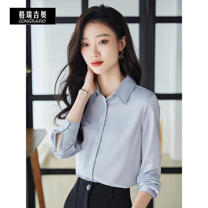 CONGRAZIO/格瑞吉奧復古長袖加厚襯衫秋冬通勤簡約內搭藍色上衣女