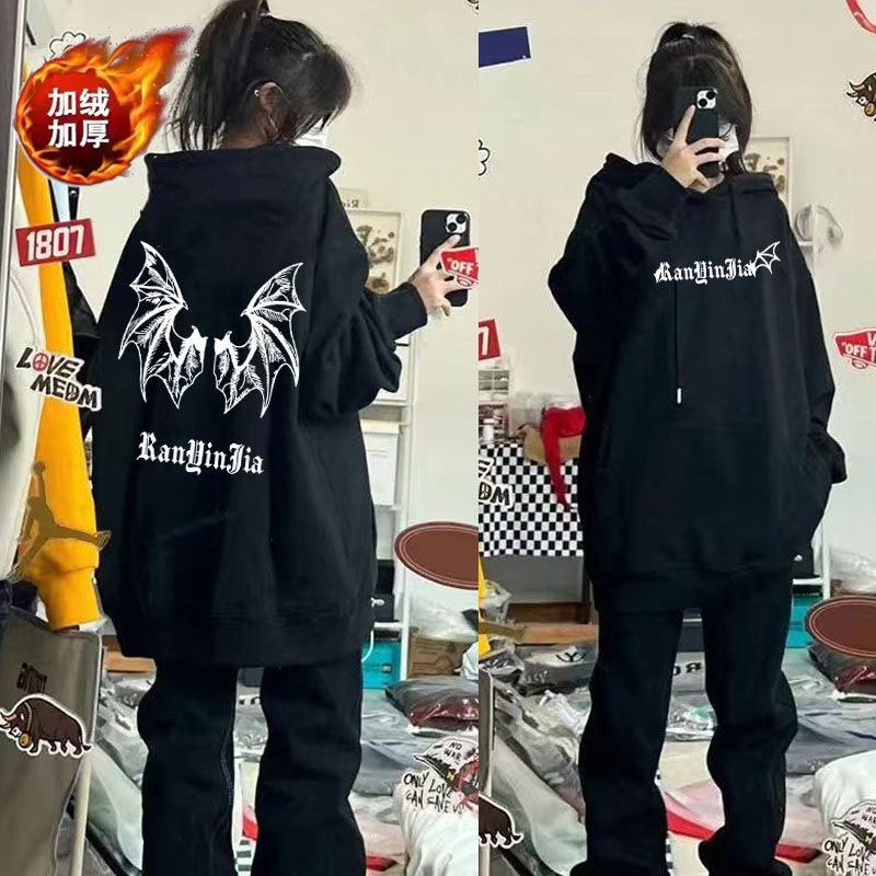 美式潮牌秋冬新款小眾設計感衛衣男情侶加絨加厚簡約衛衣女外穿潮