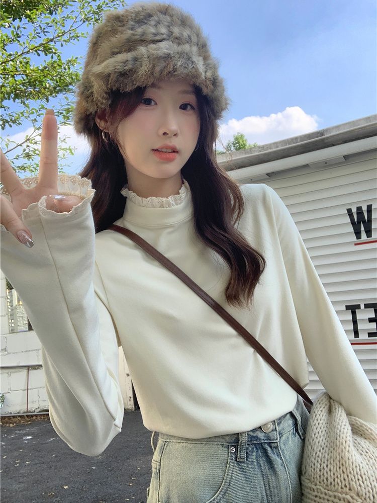 蕾絲花邊半高領打底t恤衫女裝23秋冬季設計感小眾長袖上衣