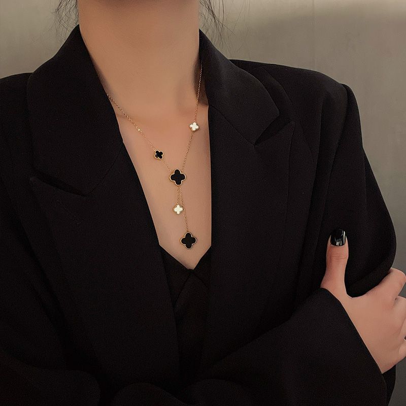 高級感大小雙面四葉草項鍊女鎖骨鏈輕奢流蘇吊墜時尚個性飾品百搭