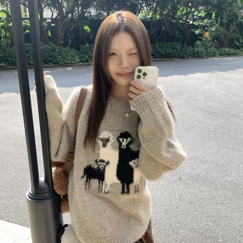 慵懶風提花毛衣外套女裝秋冬2023新款圓領長袖寬鬆減齡針織衫上衣