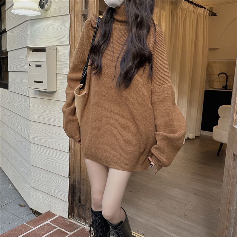 慵懶風中長款高領毛衣女春秋冬高級感軟糯寬鬆外穿套頭針織衫上衣