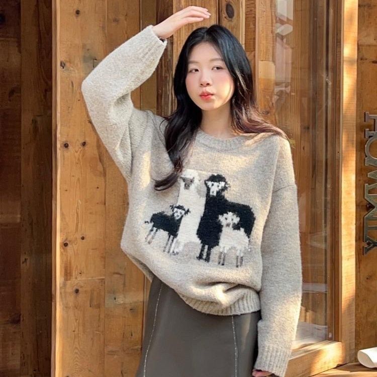 Lazy style jacquard sweater jacket women's autumn and winter  new round neck long-sleeved loose age-reducing sweater top