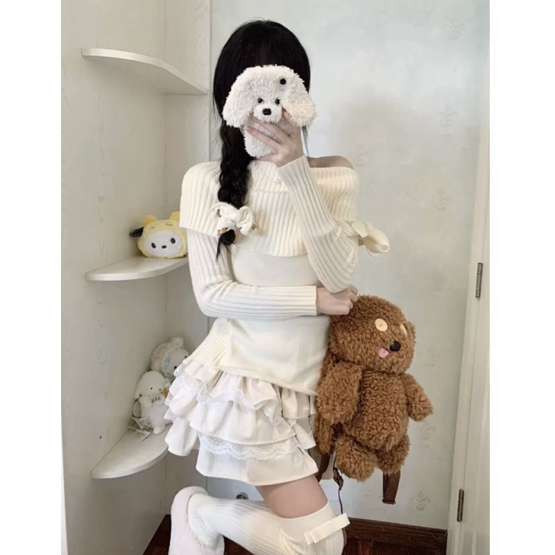 兩件套裝2023秋冬新款甜辣一字肩修身毛衣女+高腰蛋糕蓬蓬半身裙