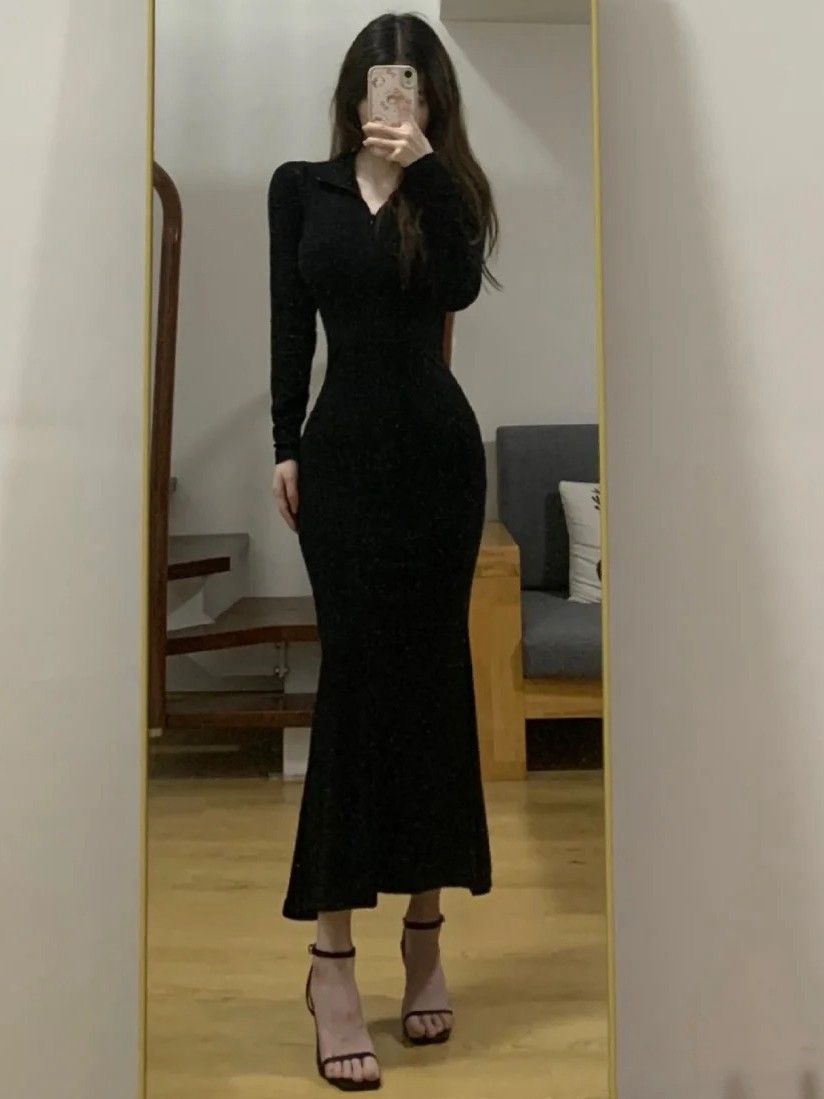 魚尾連衣裙女早秋新款緊身辣妹純欲長袖顯身材高級感名媛包臀長裙