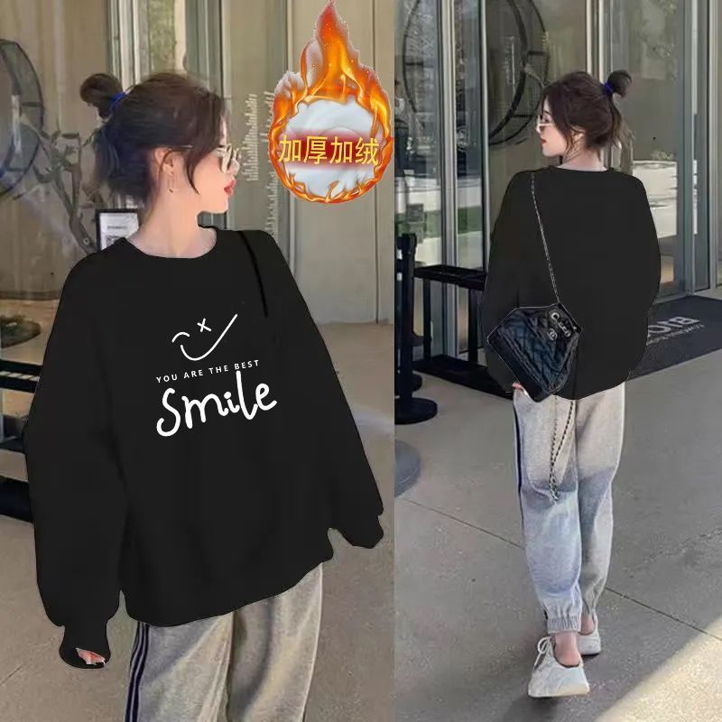 Women's sweatshirts with velvet and thickening  autumn and winter new loose Korean style ins trendy versatile sports tops and jackets look slim