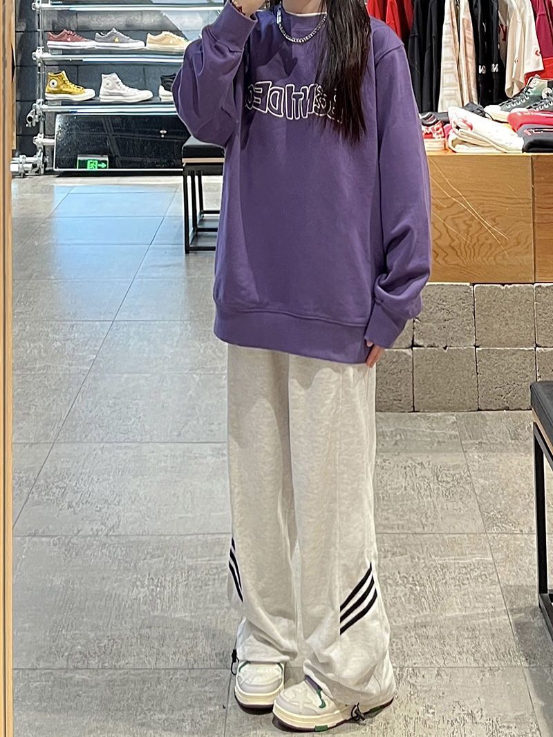美式白灰色運動褲女秋季高腰復古寬鬆垂感休閒衛褲百搭直筒闊腿褲