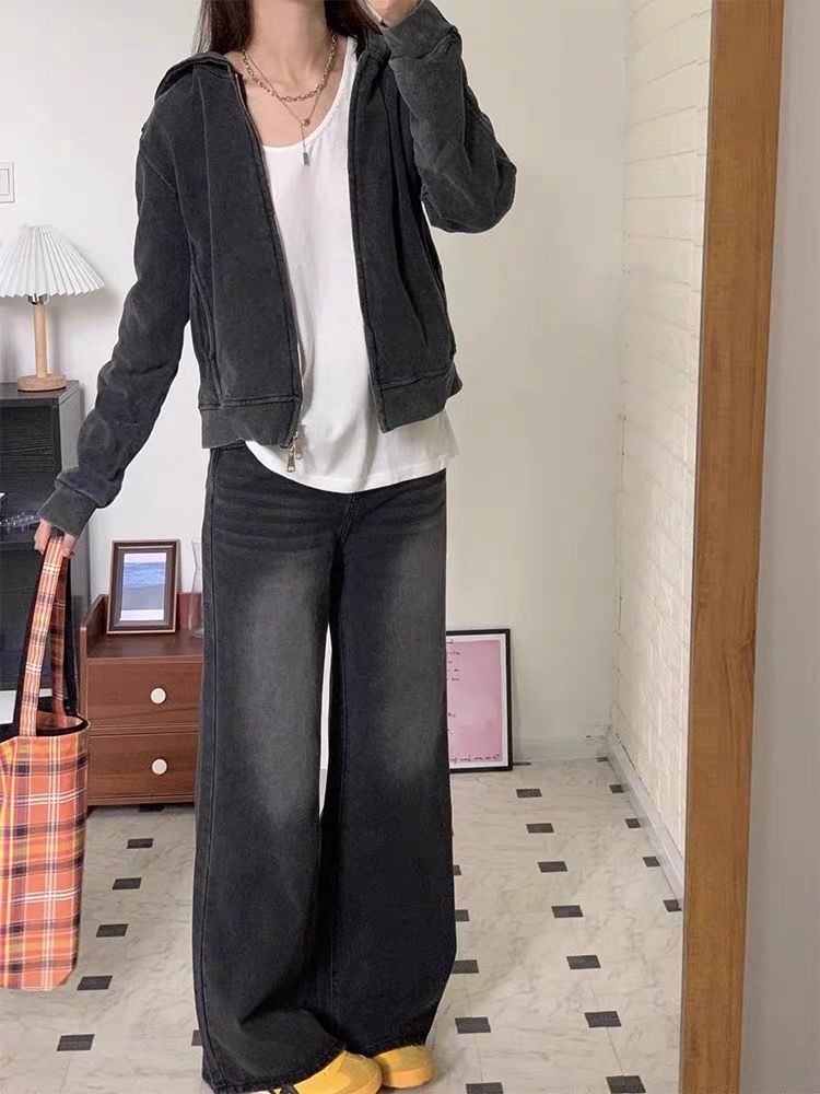小眾煙灰色牛仔褲女秋冬直筒顯瘦顯高水洗設計感拖地闊腿褲長褲子