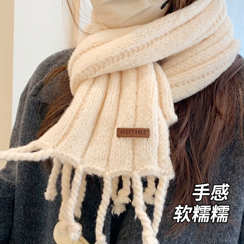 米色針織圍巾女韓版流蘇加厚保暖高級感ins百搭學生冬季新款圍脖