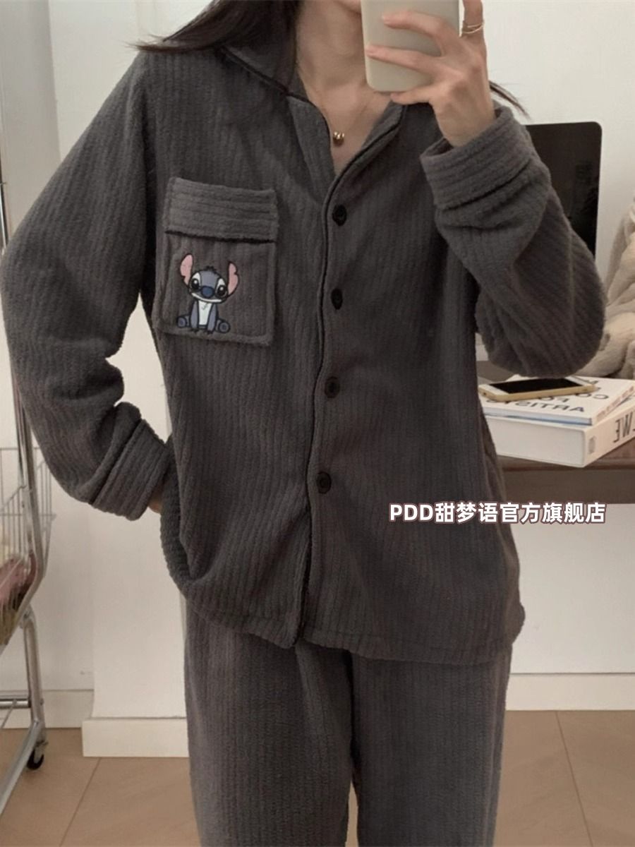 保暖法蘭絨睡衣女冬季日系ins加厚珊瑚絨史迪仔可外穿家居服套裝