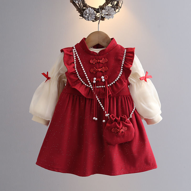 Girls' velvet dress autumn and winter 2023 new style girl's cheongsam skirt children's two-piece princess dress trend