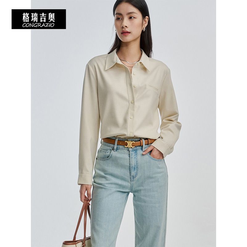 CONGRAZIO/格瑞吉奧襯衫女加厚秋冬通勤復古小眾翻領法式純色上衣