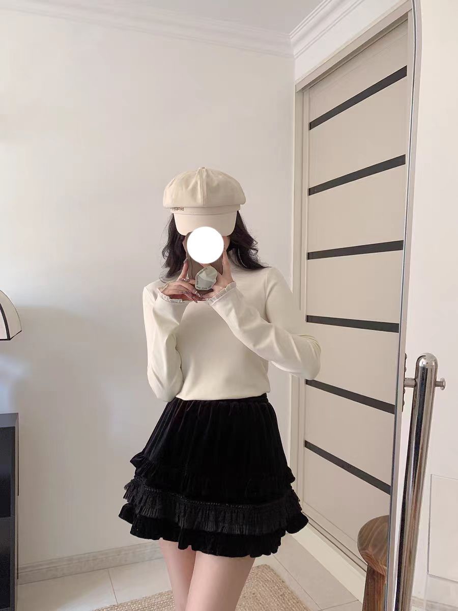 白色半高領內搭打底衫女秋冬23高級感修身花邊長袖t恤上衣