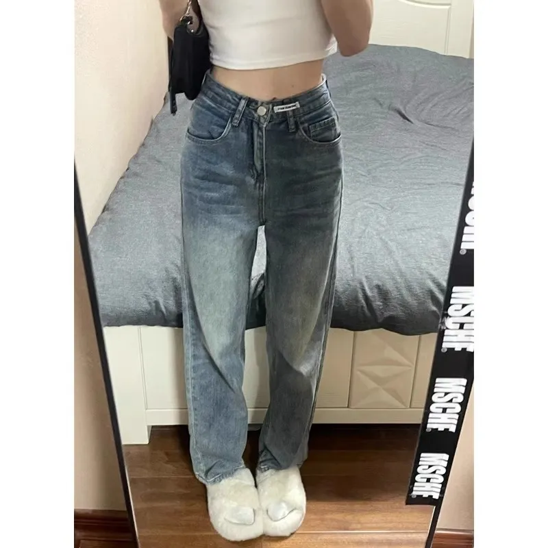 美式復古高腰垂感設計感牛仔褲女ins新款直筒顯瘦寬鬆拖地長褲潮