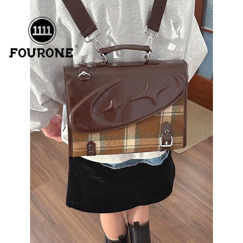 Wool plaid backpack women's new trendy British retro briefcase large capacity portable backpack