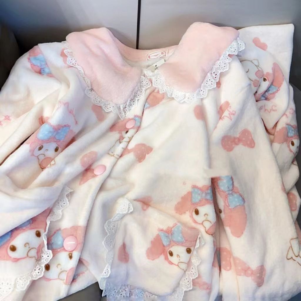 韓版ins可愛美樂蒂珊瑚絨睡衣女秋冬季加絨加厚家居服套裝可外穿