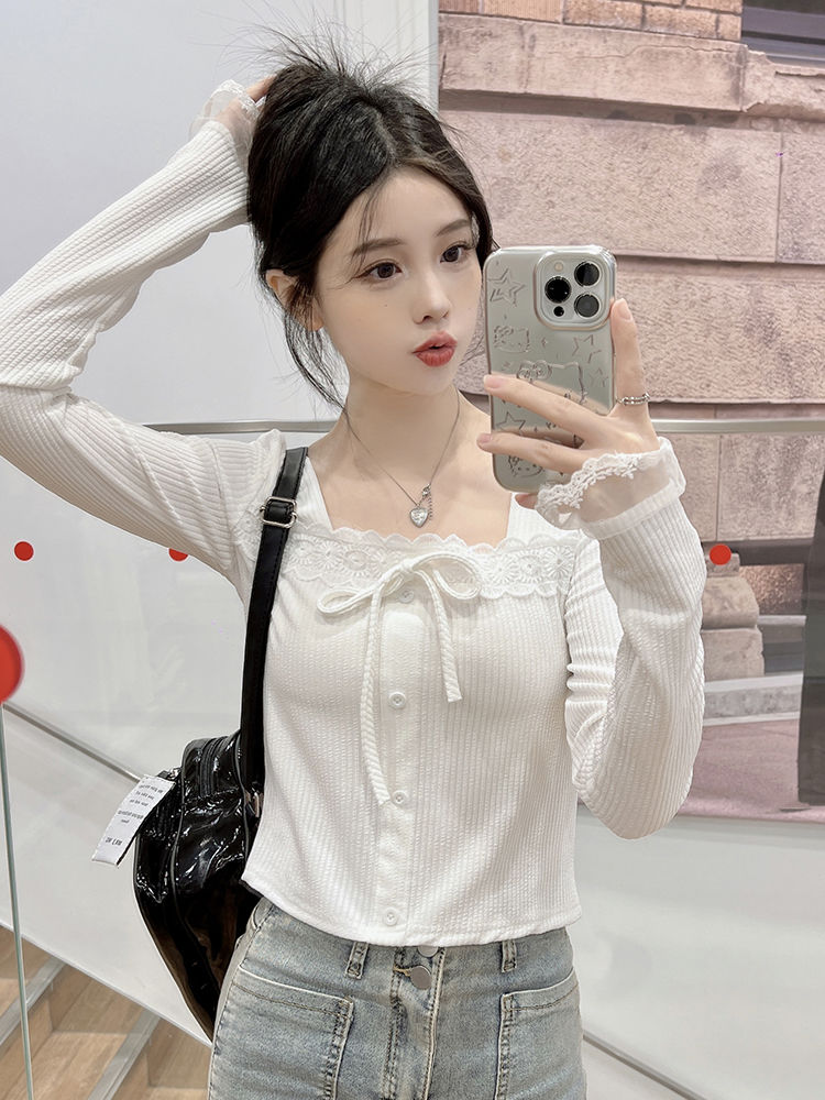 秋季小眾淑女設計感蕾絲拼接純色打底方領上衣修身女裝內搭T恤ins