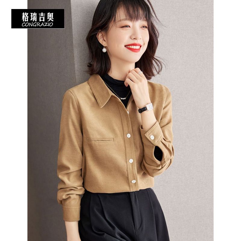 CONGRAZIO/格瑞吉奧疊穿襯衫女秋冬復古港風翻領內搭加厚長袖上衣