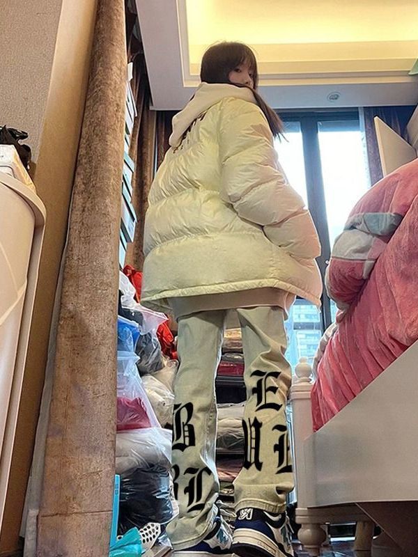 美式復古印花黃泥染牛仔褲男女同款秋冬新款高腰直筒水洗做舊長褲