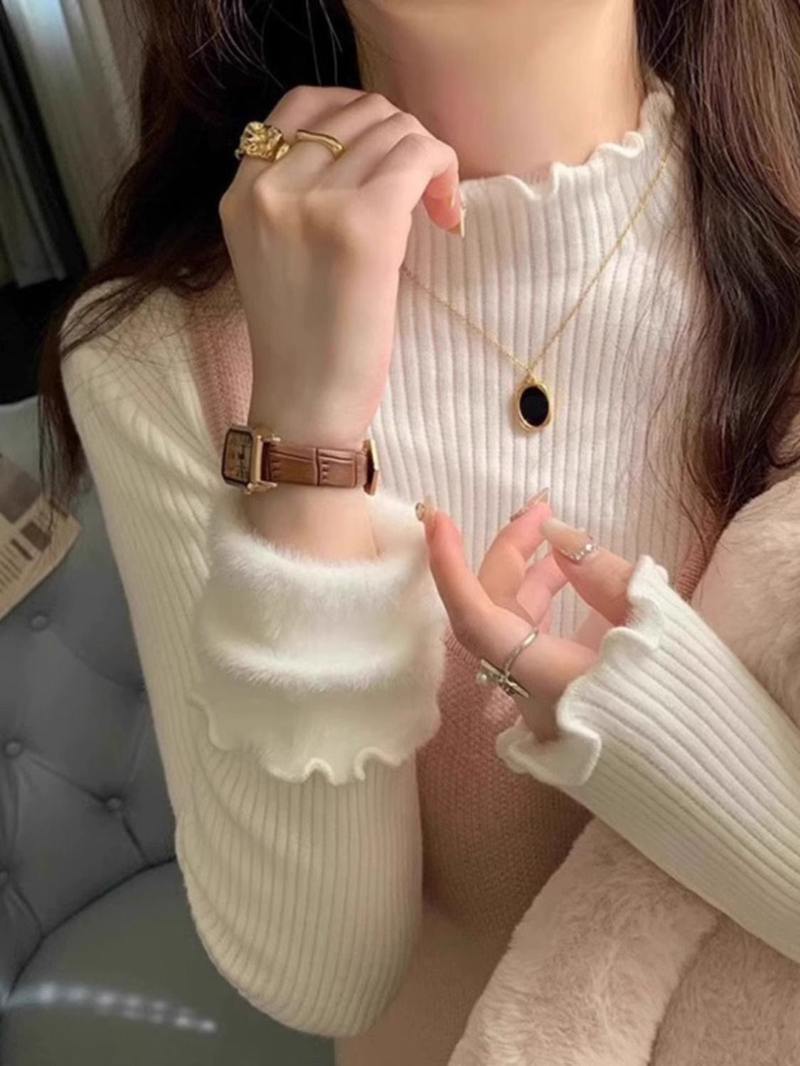 木耳邊半高領加絨加厚一體絨保暖上衣春打底針織衫女秋冬內搭毛衣