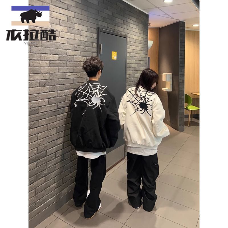 學生男美式高街蜘蛛刺繡夾克棒球服秋冬加厚情侶寬鬆oversize外套