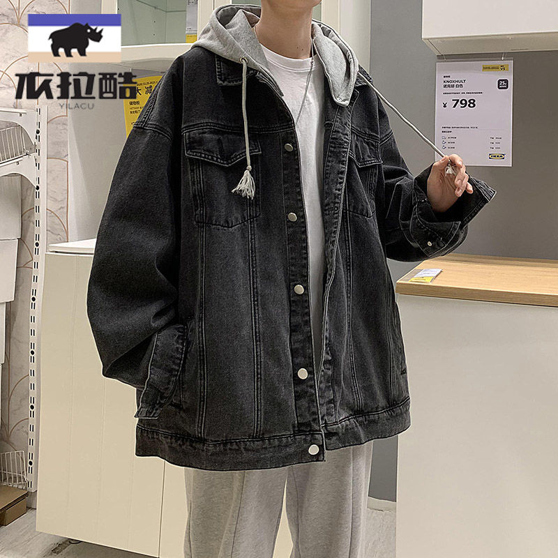 學生男牛仔外套春秋休閒上衣假兩件男裝寬鬆潮流連帽美式工裝夾克